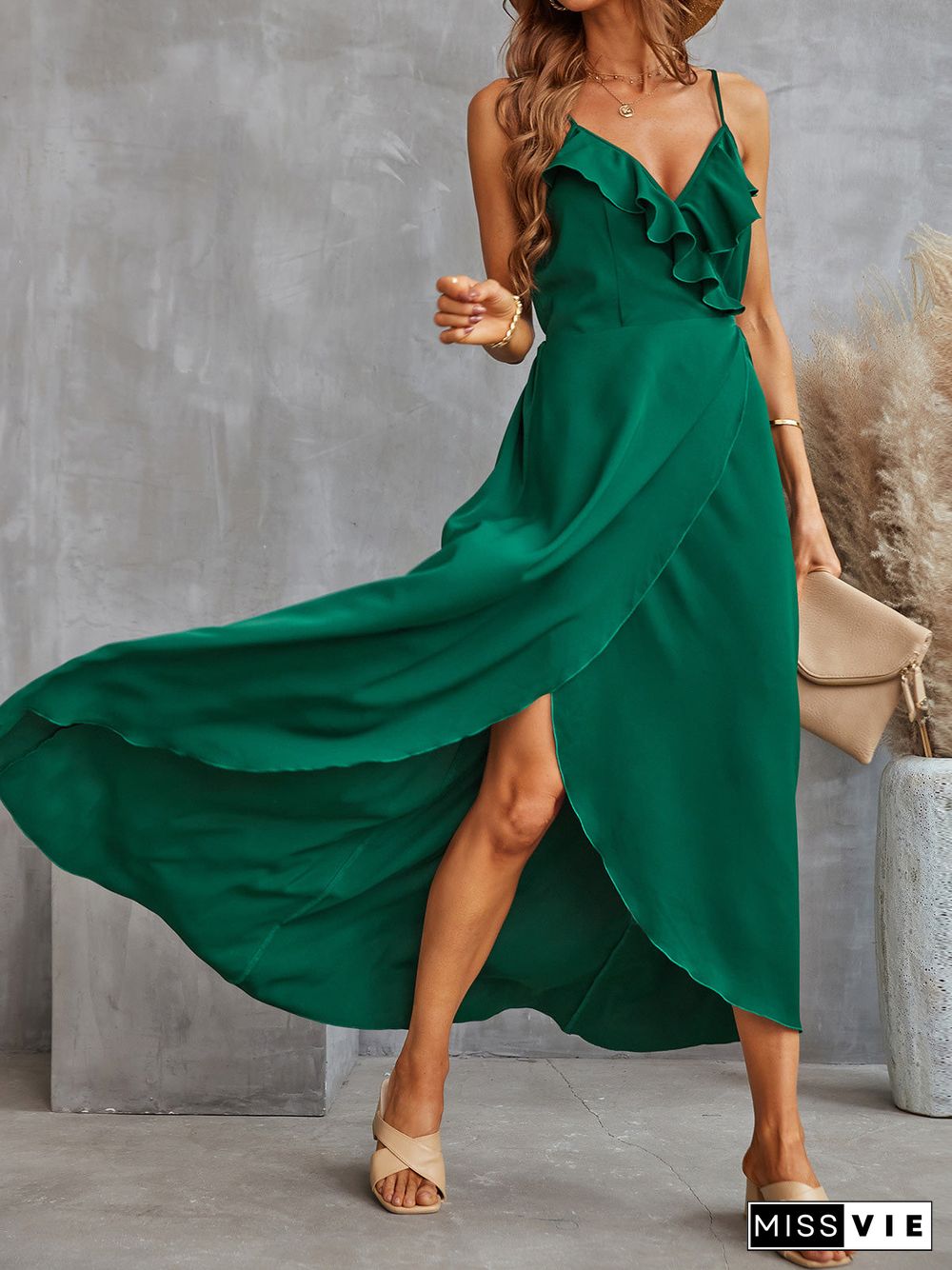 Women'S Dresses Solid Sling Irregular Ruffle Slit Dress