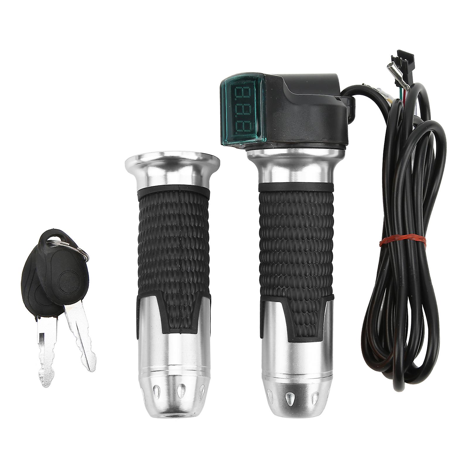 2pcs Electric Bicycle Throttle Handle Speed Control Throttle Grip With Green Digital Display Grain Patternsilver Handle Cover