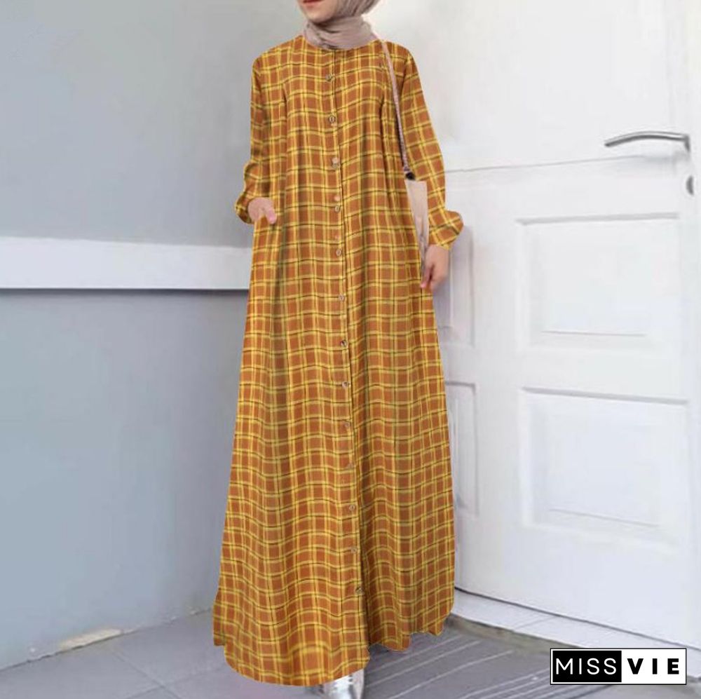 Ethnic Long Sleeve Loose Cardigan Temperament Plaid Cotton and Hemp Long Dress Linen Dresses