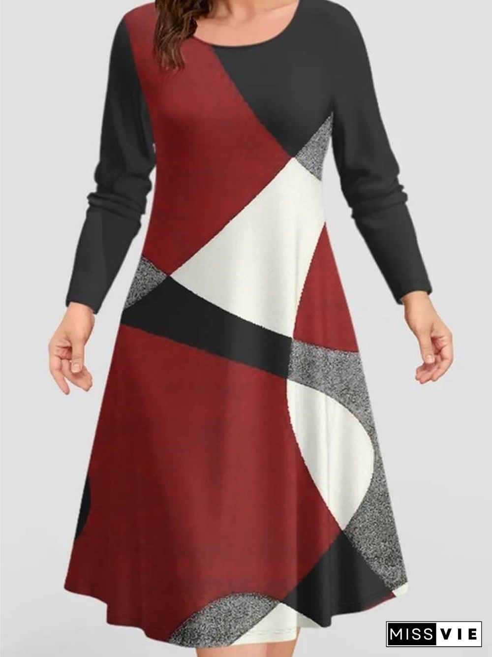 Women's Graphic Stitching Print Scoop Neck  Long Sleeve Midi Dress