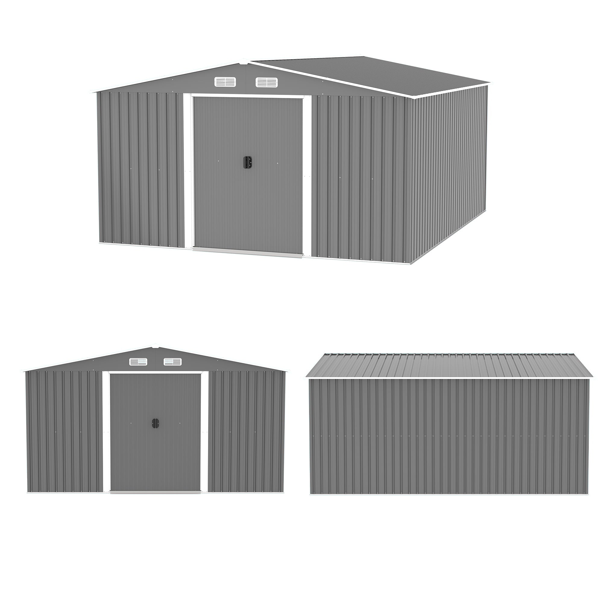 LZBEITEM 11 x 13 ft. Outdoor Storage Shed，Galvanized Steel Garden Shed，Metal ShedsGarden Tool Shed with Double Lockable Sliding Doors for Backyard Patio Lawn,Gray