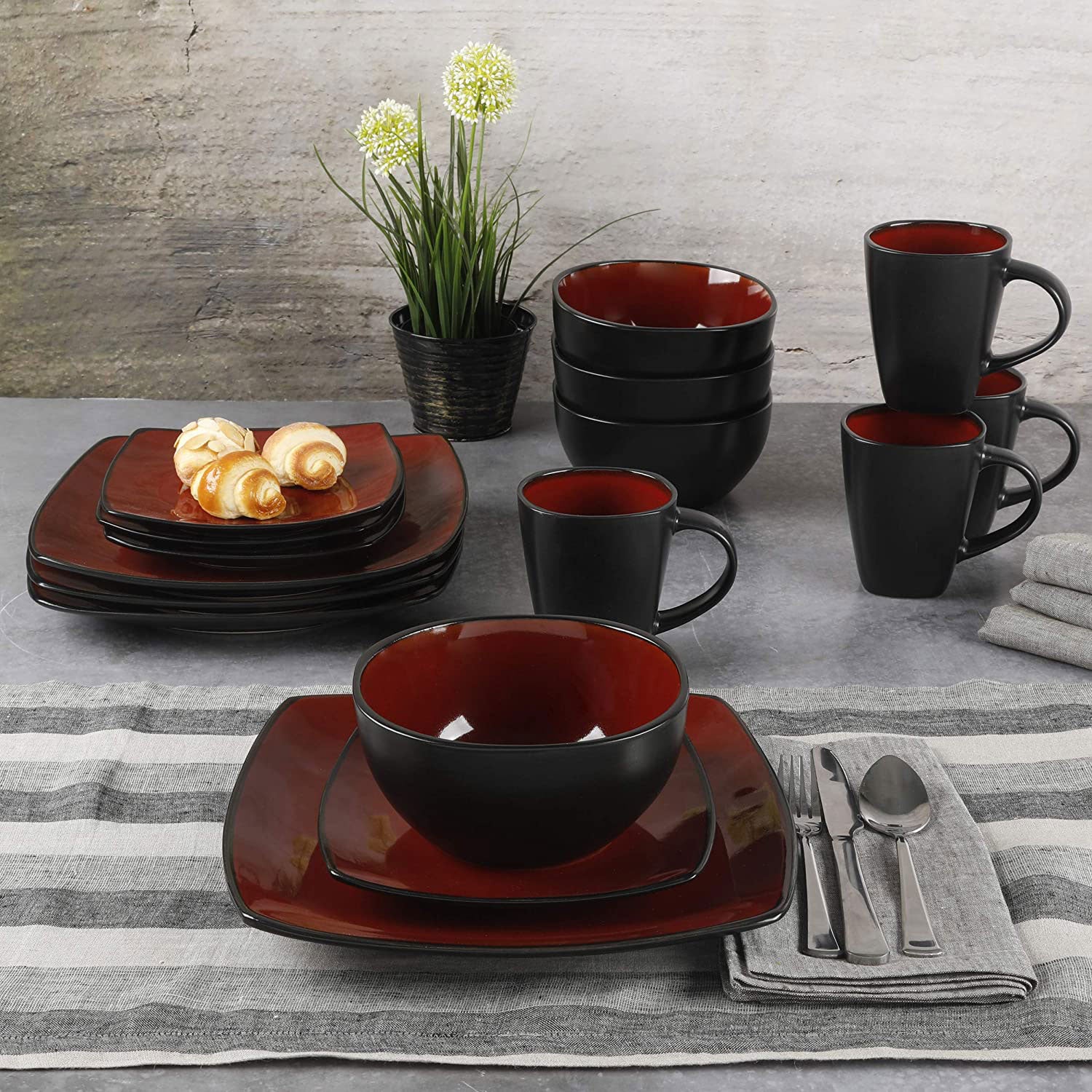 Gibson Soho Lounge 16 Piece Reactive Glaze Plates, Bowls, & Mugs, Red (Open Box)