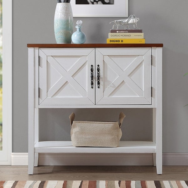 35'' Solid Wood Buffet Sideboard Console Table with Bottom Shelf and 2-Door Cabinet， Farmhouse Entryway Table Side Table