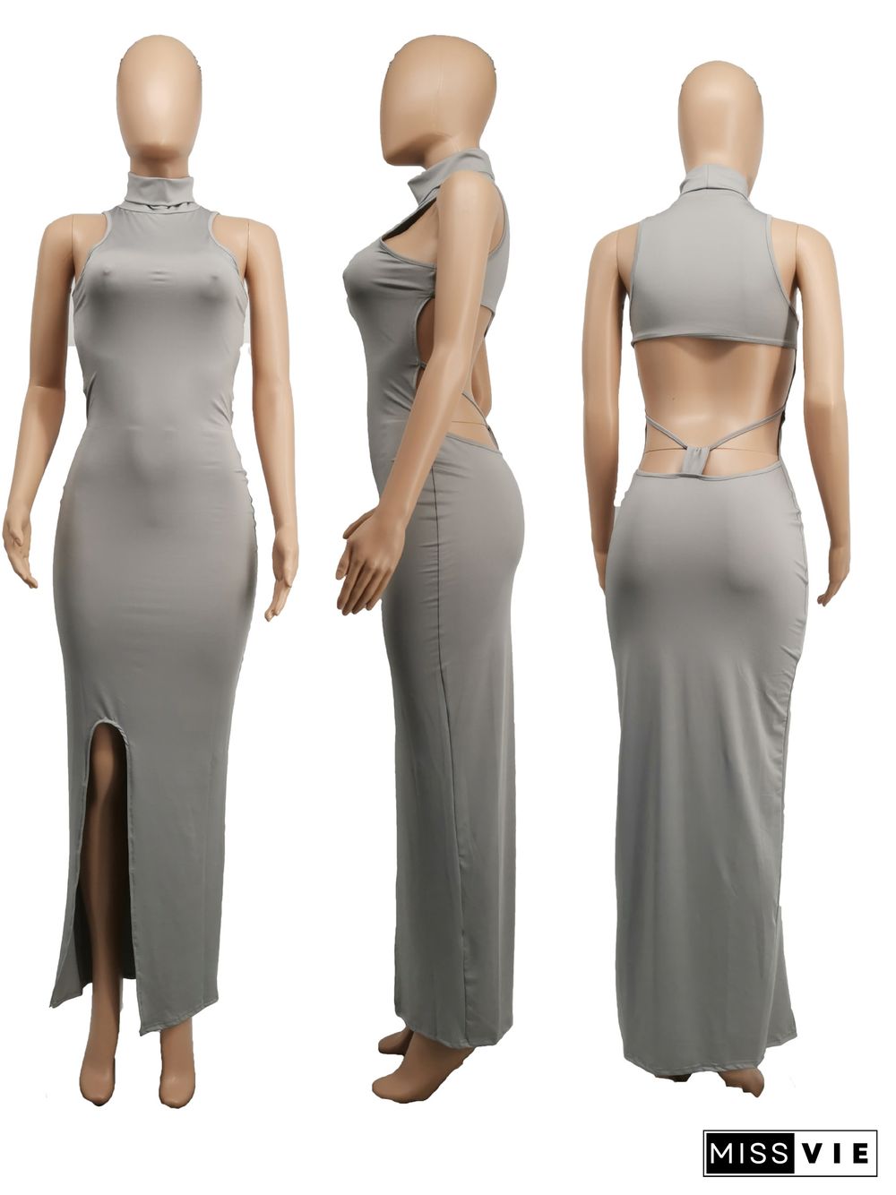 Solid Color Turtleneck Sleeveless Sexy Hollow Out Backless High Waist Skinny Split Party Long Dress