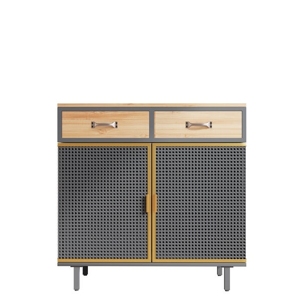 2 Drawer Sideboard Modern Closed Cabinet Furniture Decor， Made with Iron + Carbonized Bamboo for Living Room， Easy Assembly