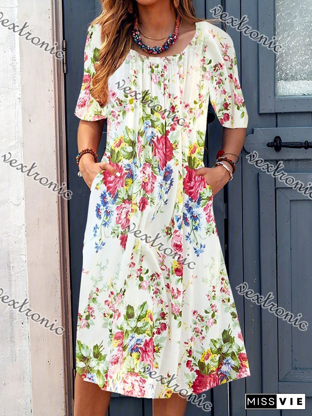 Women Casual Short Sleeve Scoop Neck Floral Printed Midi Dress