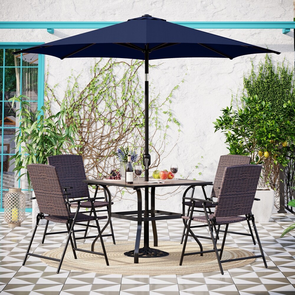 PHI VILLA 3/5 Piece Patio Rattan Folding Dining Set with 9ft Umbrella