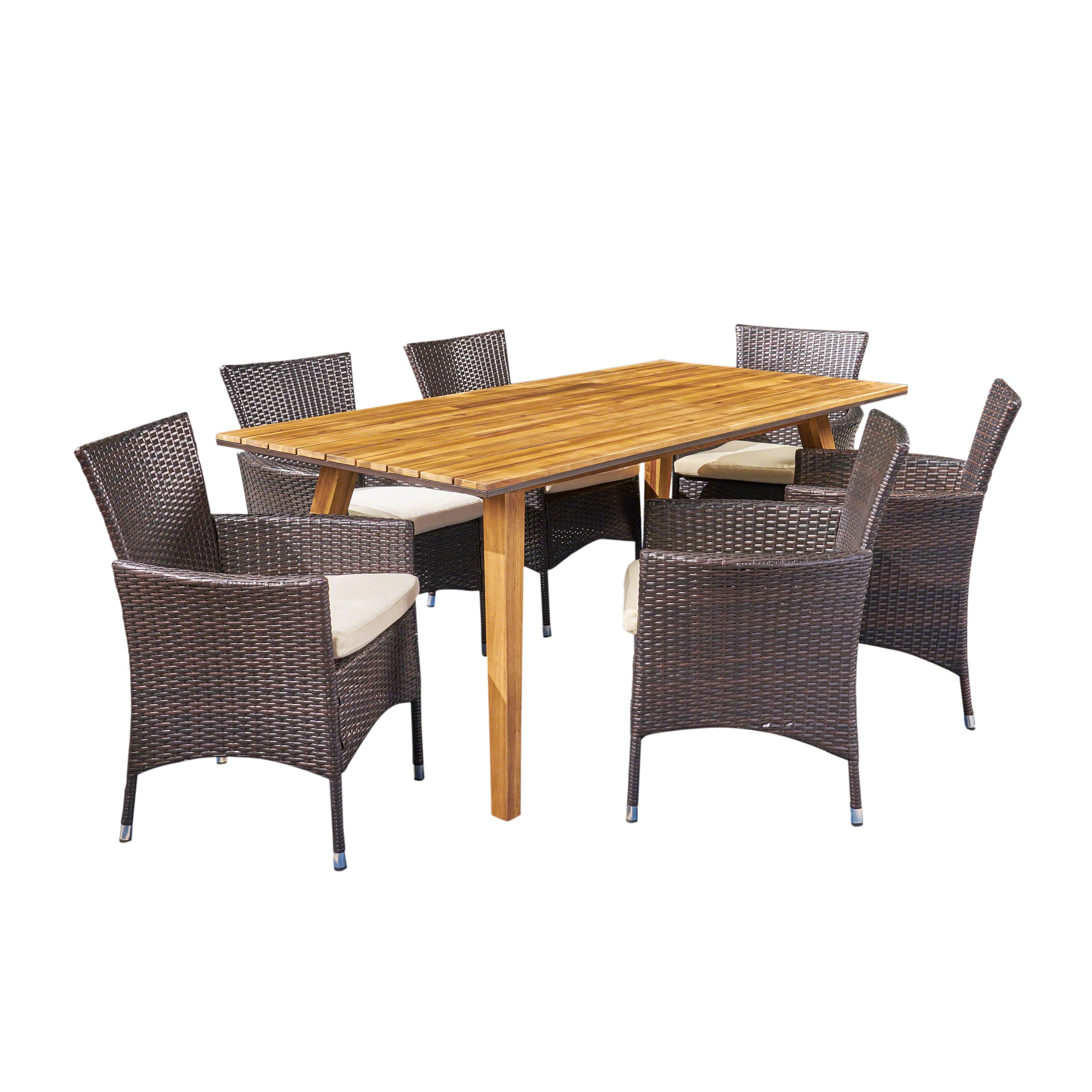 Ella Outdoor 7 Piece Acacia Wood Dining Set with Wicker Chairs, Teak and Multi Brown and Beige