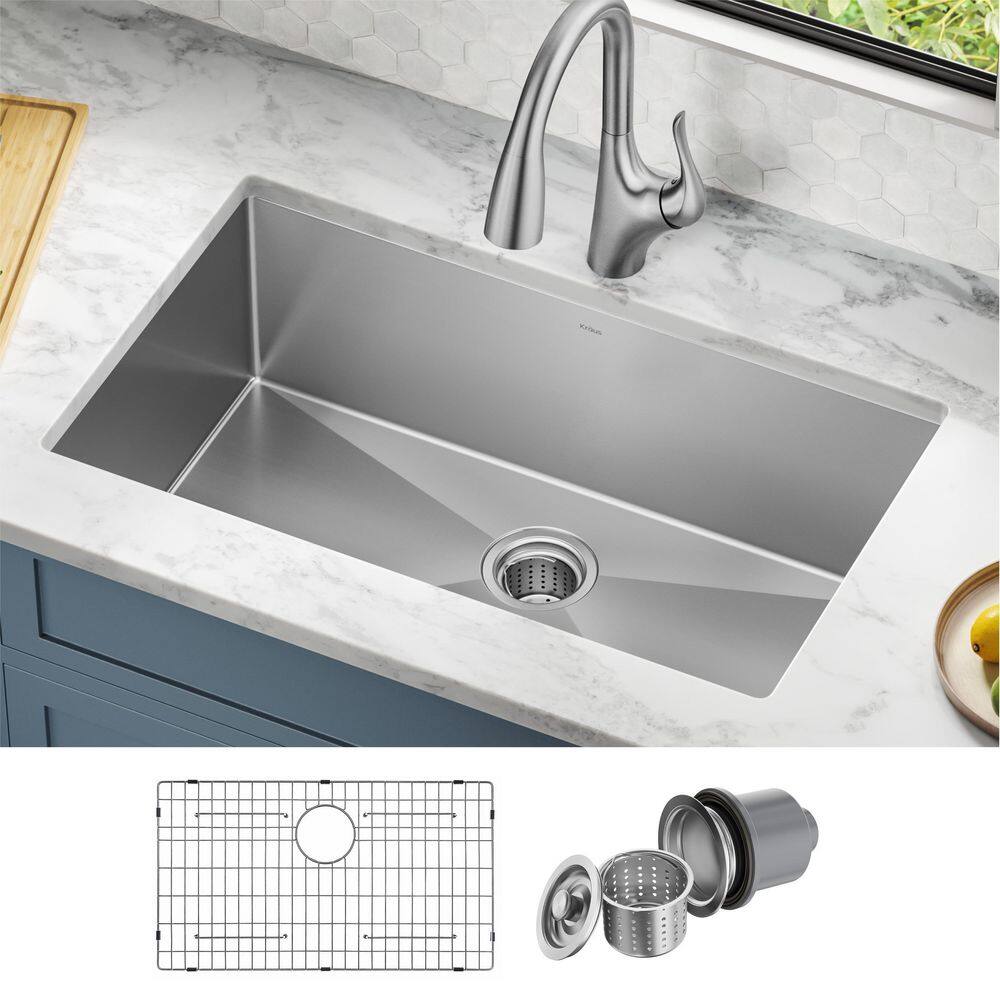 KRAUS Standart PRO 32 in. Undermount Single Bowl 16 Gauge Stainless Steel Kitchen Sink with Accessories KHU100-32