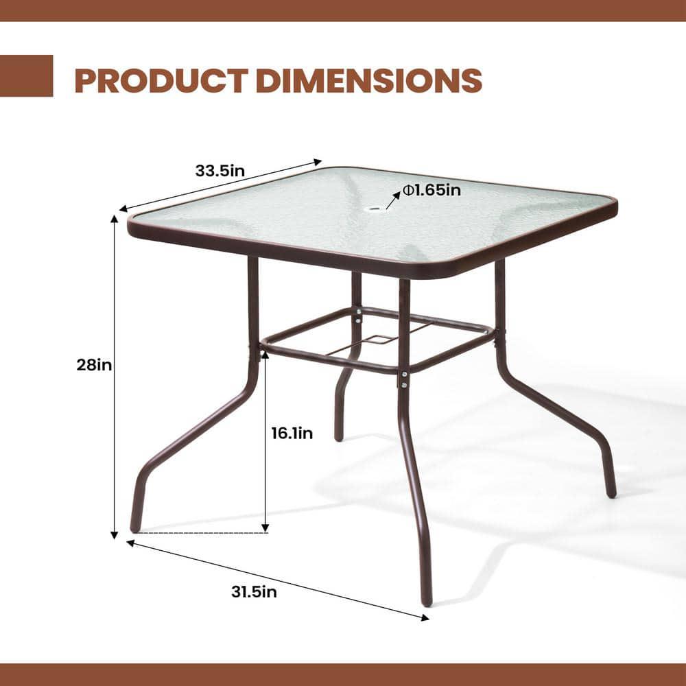 Pellebant 335 in Square Metal Outdoor Dining Table with Umbrella Hole and Tempered Glass Tabletop