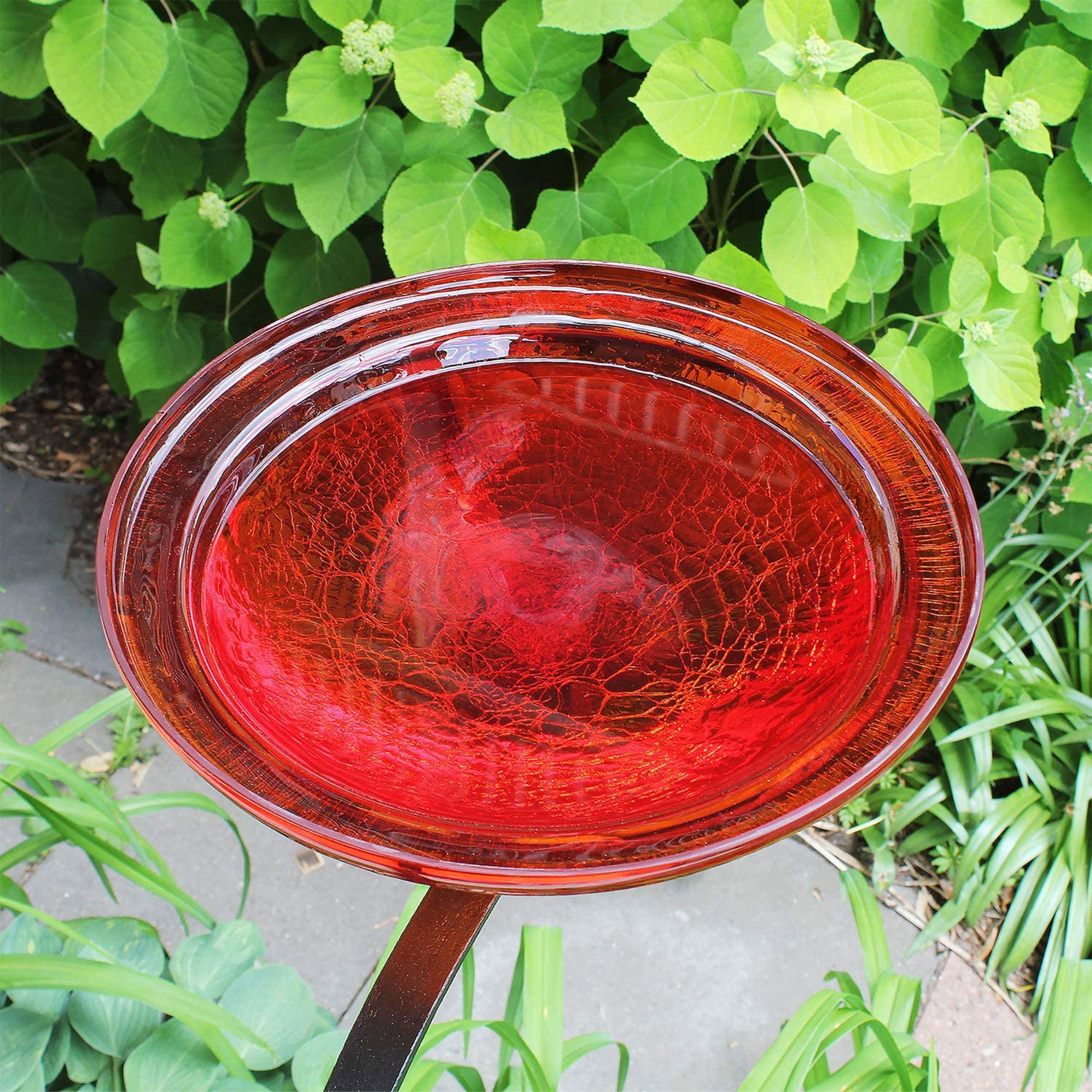 Crackle Glass Bowl Birdbath Decoration with Rail Mount, Tomato Red (Open Box)