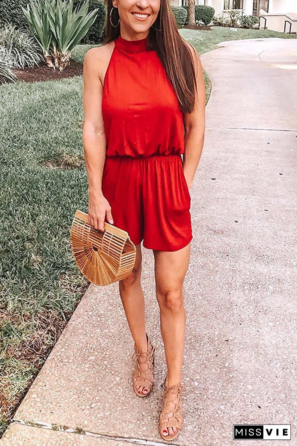 Solid Sleeveless Open Back Romper