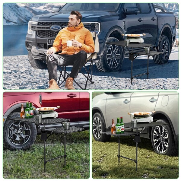 Vehicle Tire Camping Table with Cupholders，Mesh Surface，Wing Panel，Heavy Duty for Outdoor Use