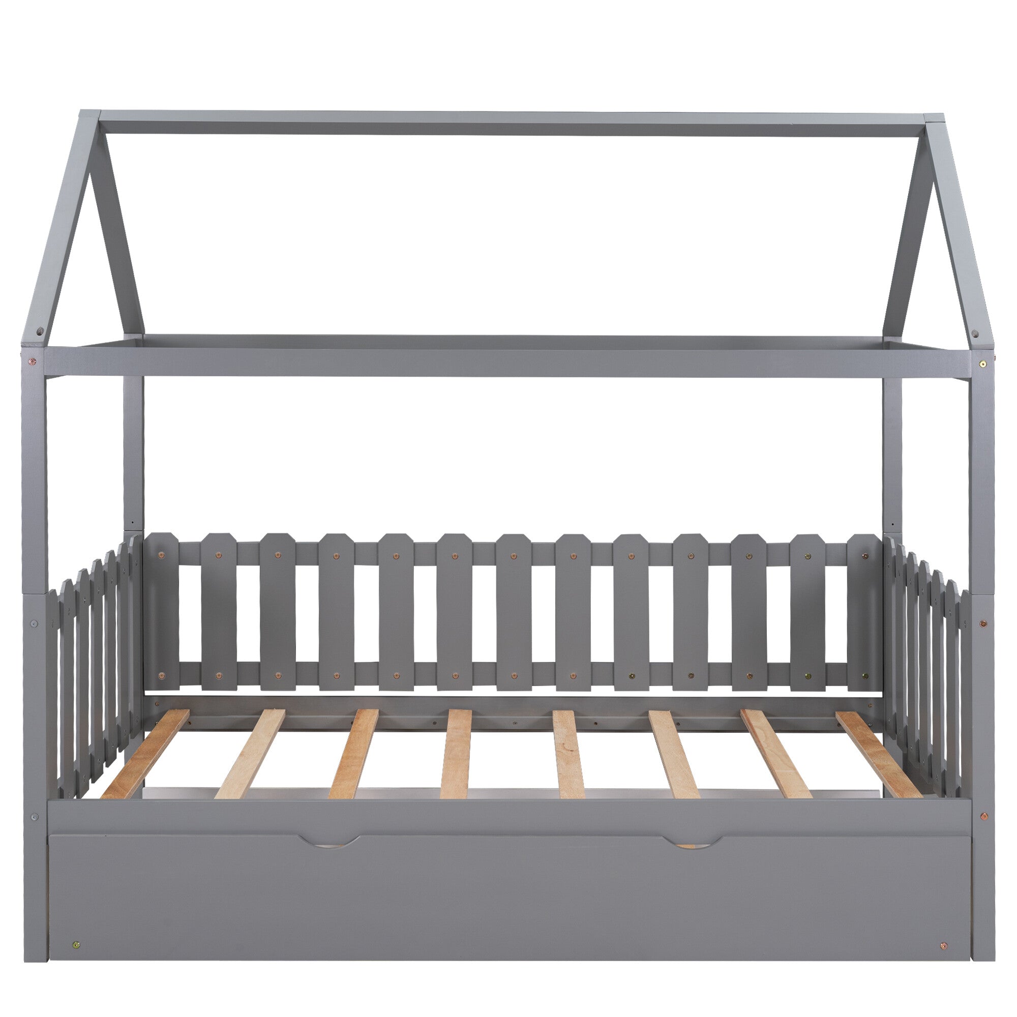 OVERDRIVE Twin Size House Bed Toddler for Kids Wood Frame with Trundle, Fence-Shaped Guardrail, Gray