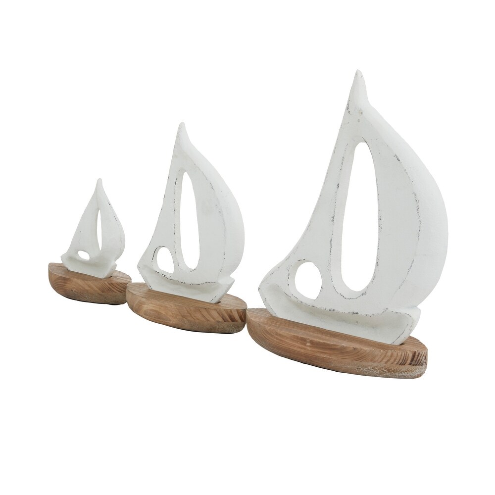 White or Blue Wood Sail Boat Sculpture with Wood Base (Set of 3)   S/3 11\