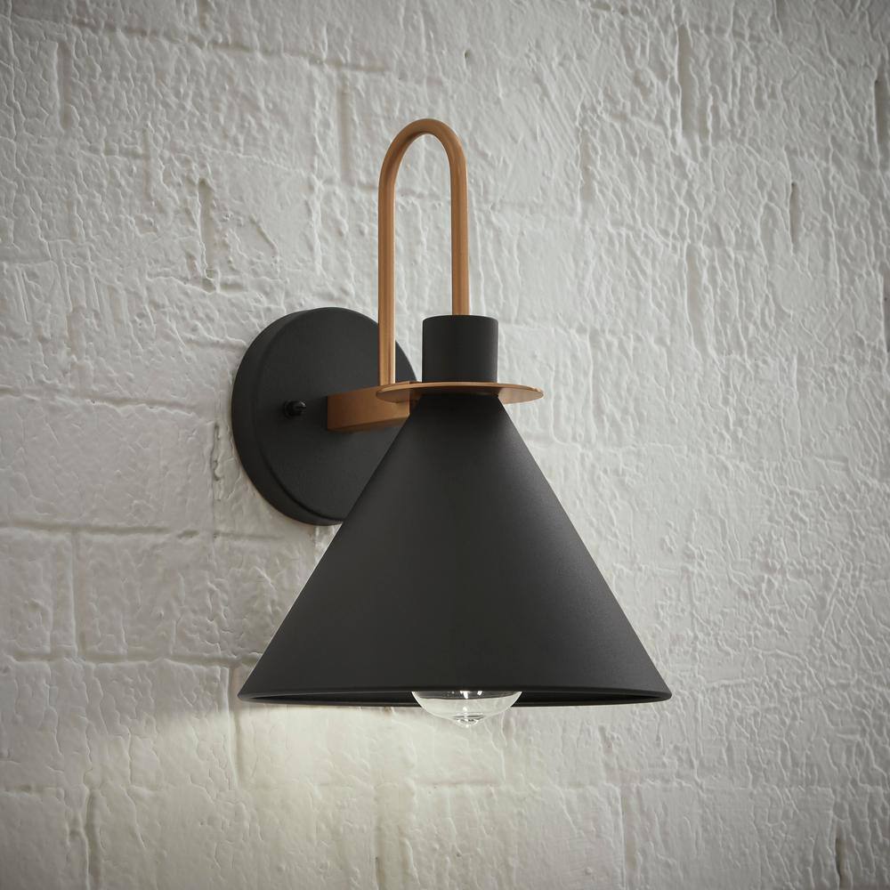 Home Decorators Collection Cagney Modern 1-Light Sand Black with Gold Hardwired Outdoor Barn Light Wall Sconce 28230