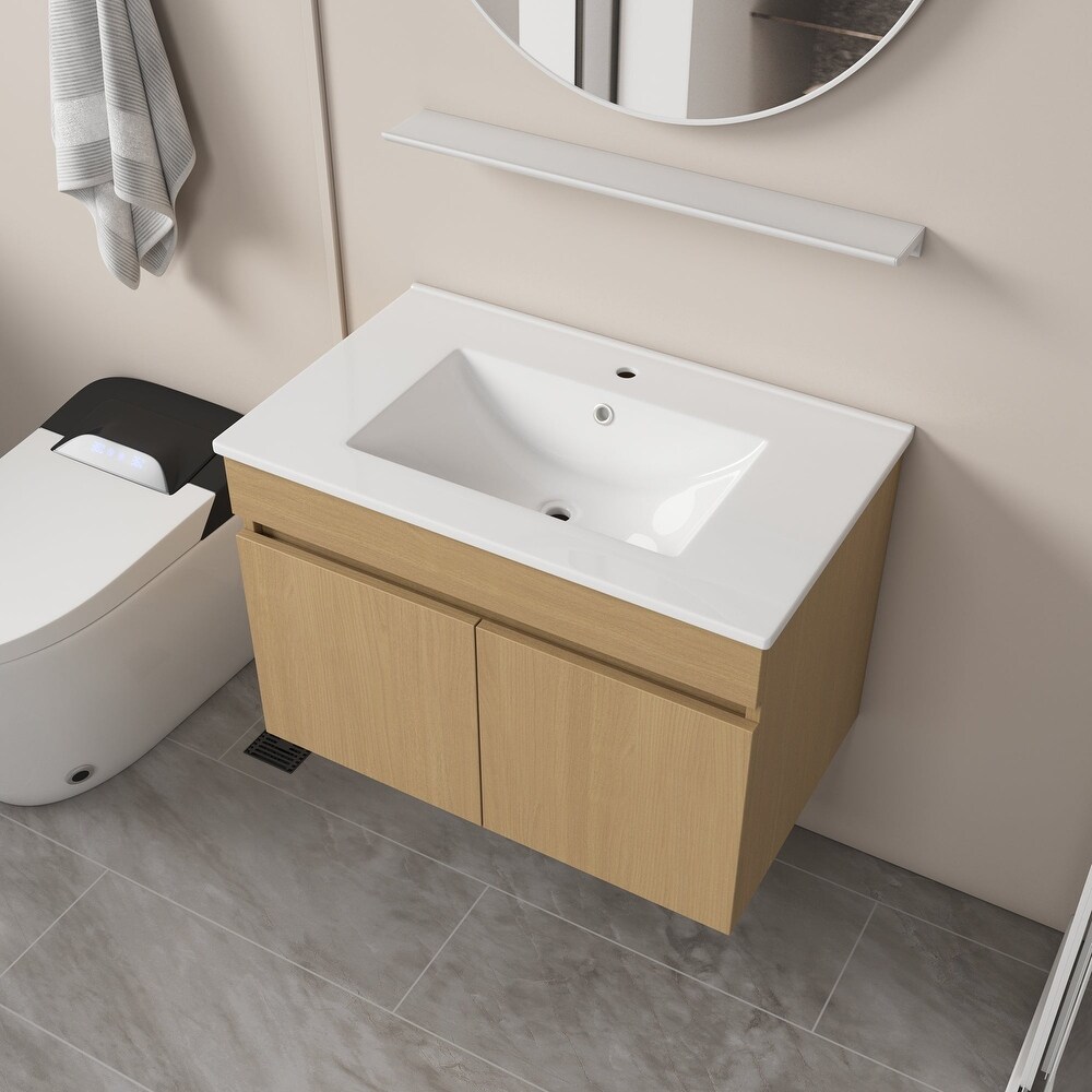 Plywood Wall Mounted Bathroom Vanity Set in Light Oak with Integrated Ceramic Sink