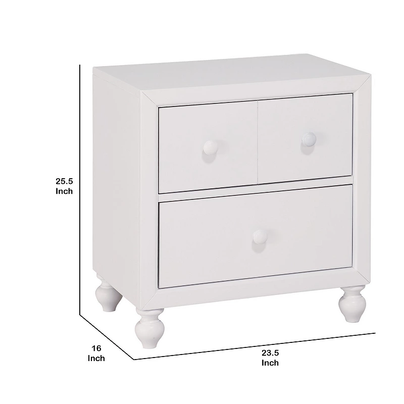 2 Drawer Wooden Nightstand with Turned Legs， White