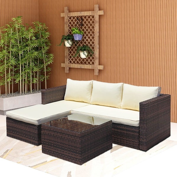 3 Piece Wicker Sectional Conversation Set with Cushions - Brown