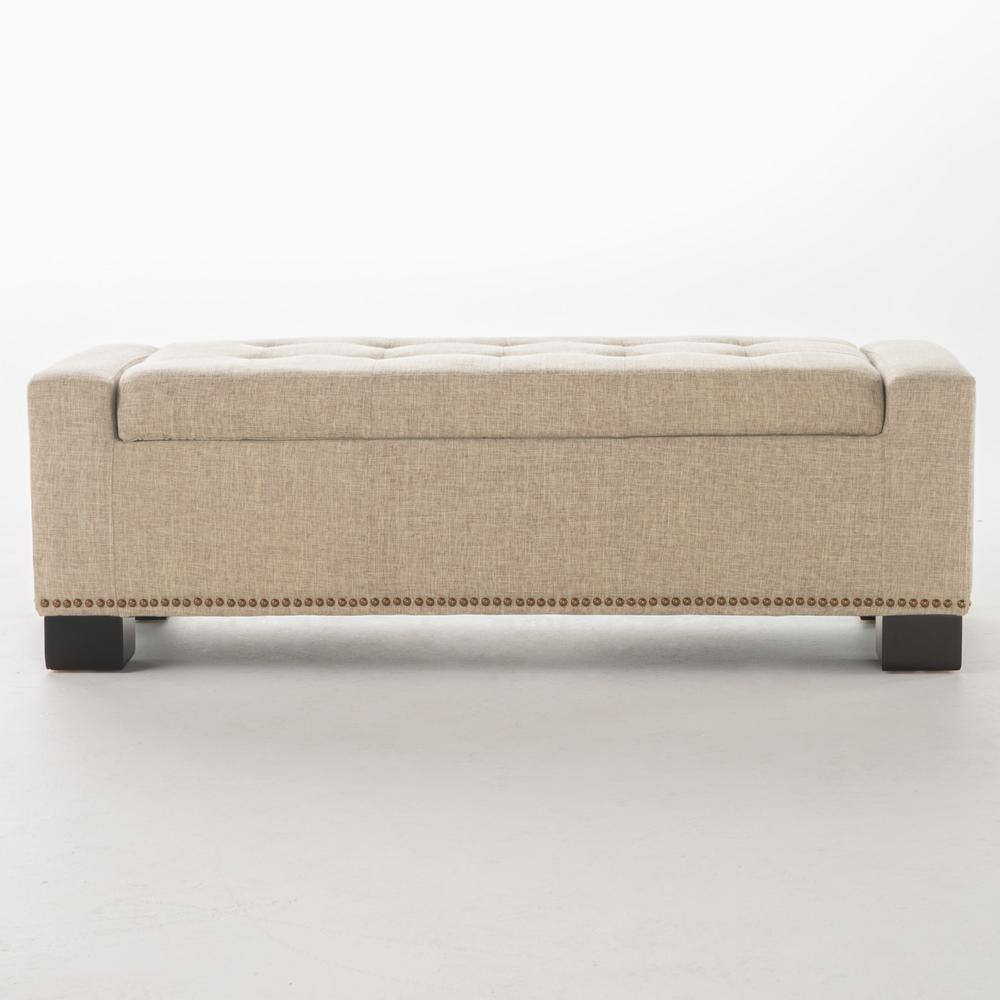 Noble House Explorer Wheat Beige Fabric Storage Bench with Studs 11659