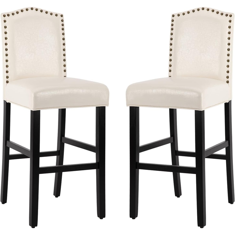 Upholstered Accent Tall Barstool Wooden Legs Nailhead Trim Full Padded Back Support for Dining Room Kitchen Pub Cafe，Set of 2