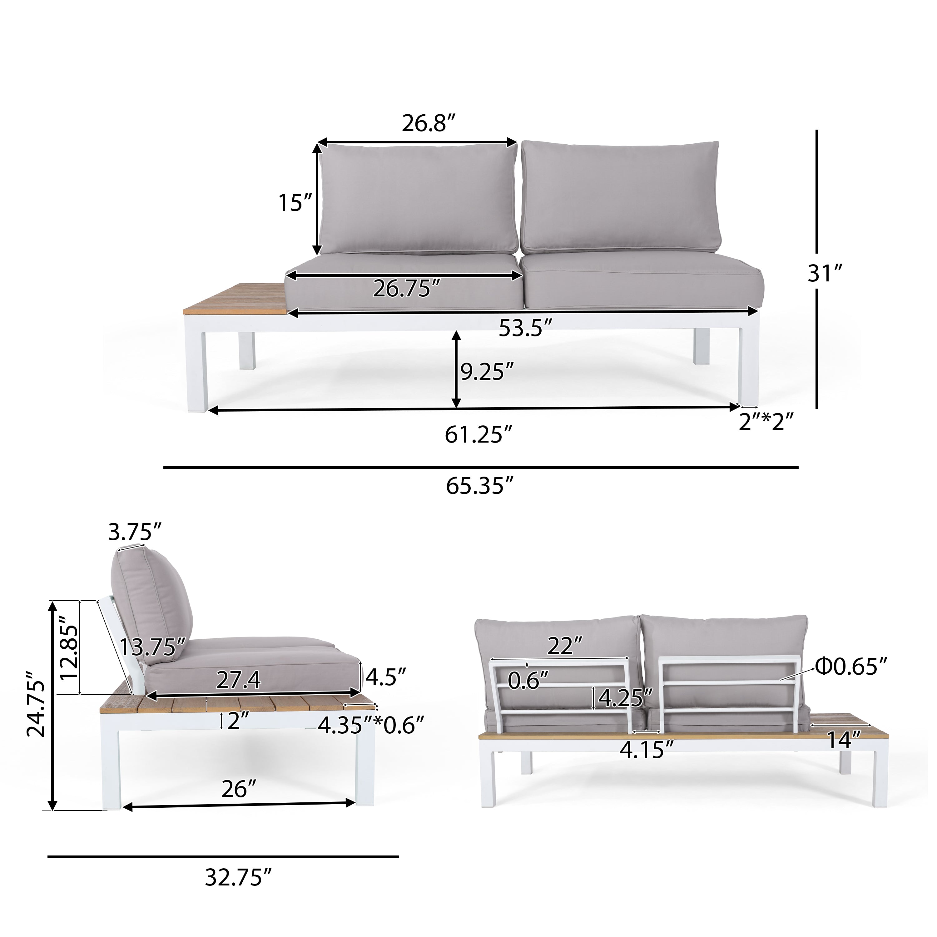 Blessen Outdoor Aluminum and Wood V-Shaped Sofa Set with Cushions