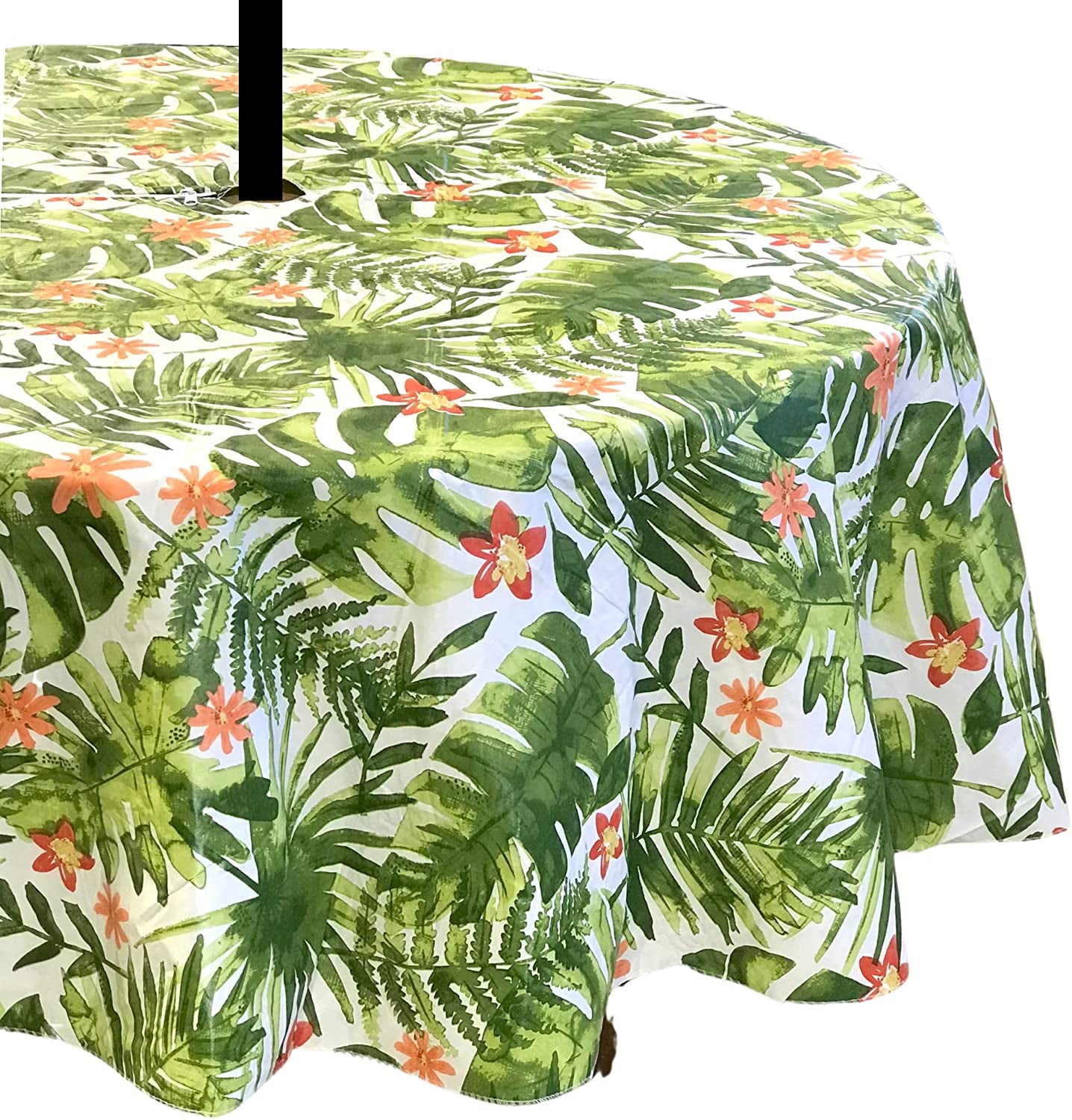 Elrene Summer Vinyl Tablecloths: Umbrella Hole with Zipper 60" x 84", Tropical Paradise Palms and Flowers