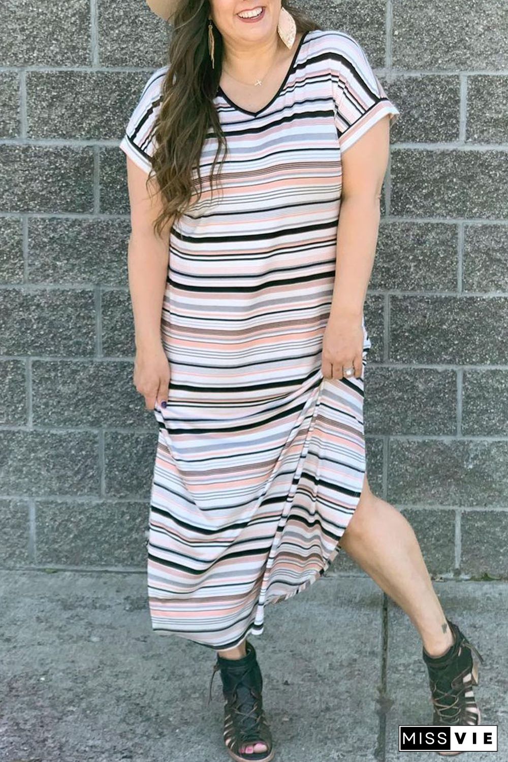 White Striped Print V Neck Side Split Plus Size Dress