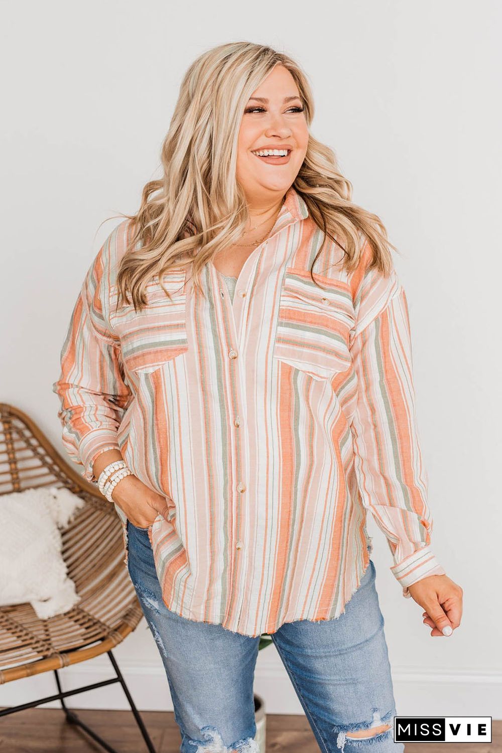 Orange Plus Size Striped Shirt with Chest Pockets