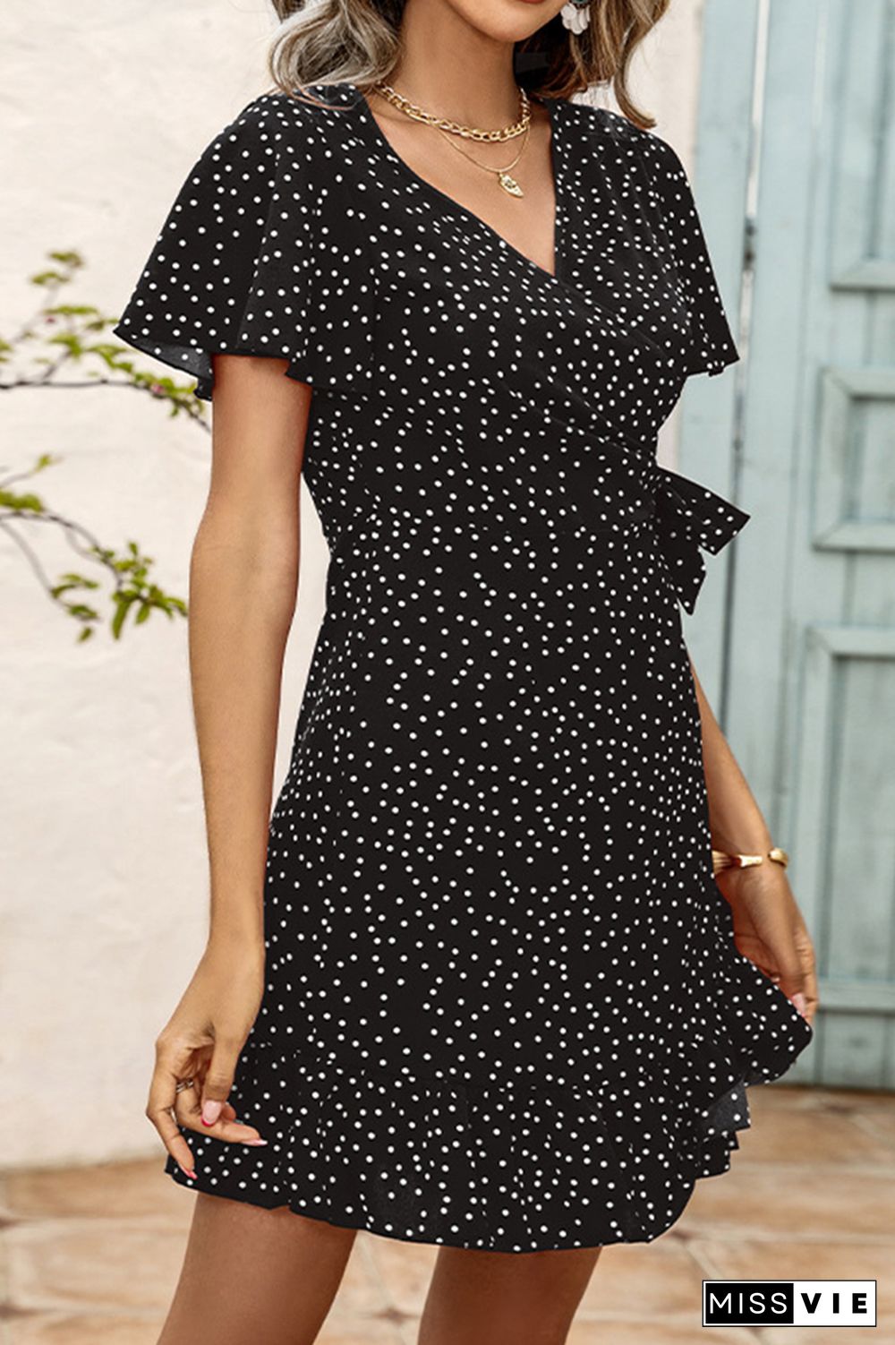 Polka Dot Print V Neck Short Dress Wholesale