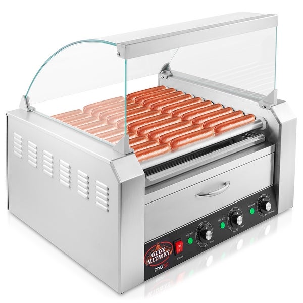 Electric Hot Dog Roller Grill Cooker Machines with Bun Warmer and Cover - Silver