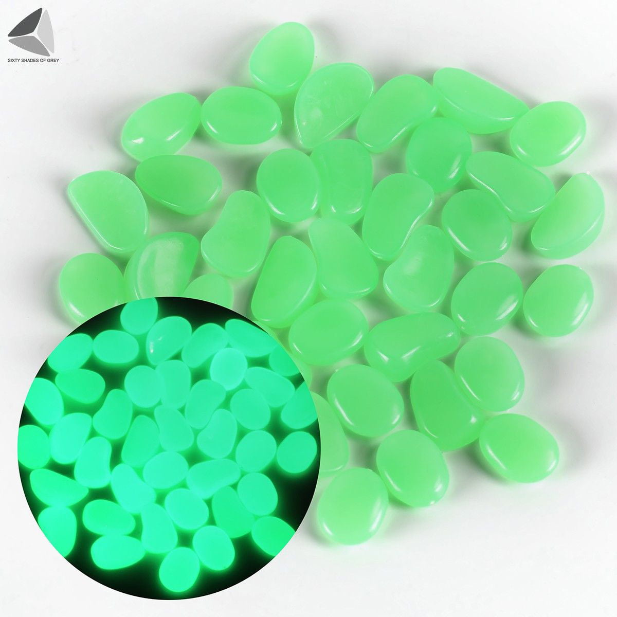 Sixtyshades 100 PCS Luminous Pebbles Stones, Glow in The Dark Pebbles Stones DIY Decorative for Yards Lawns Walkways Garden Driveway Plants and Aquarium (Green)