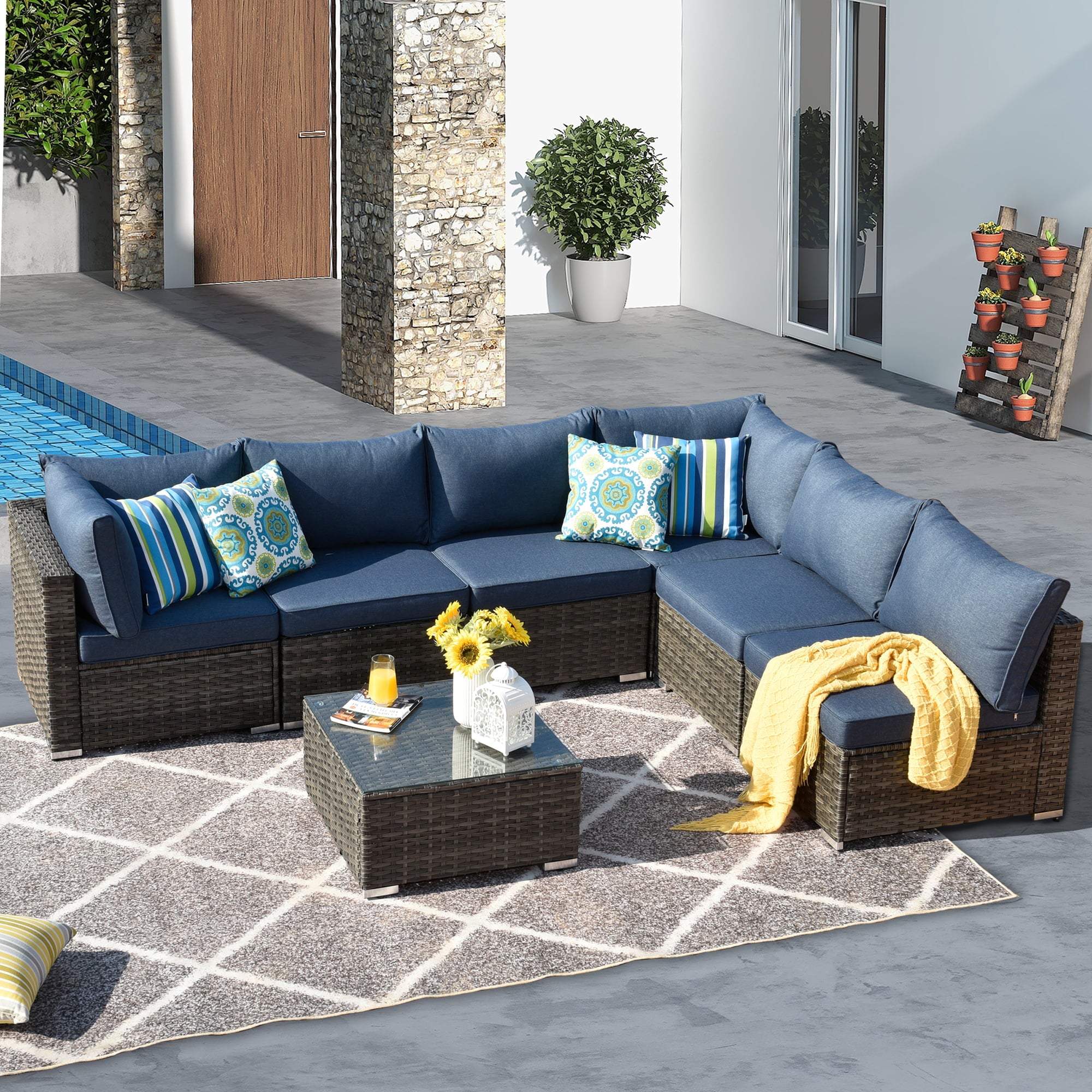 Ovios 7 Piece Outdoor Furniture All Weather Wicker Patio Conversation Sectional Sofa Set with coffee table for Garden Backyard