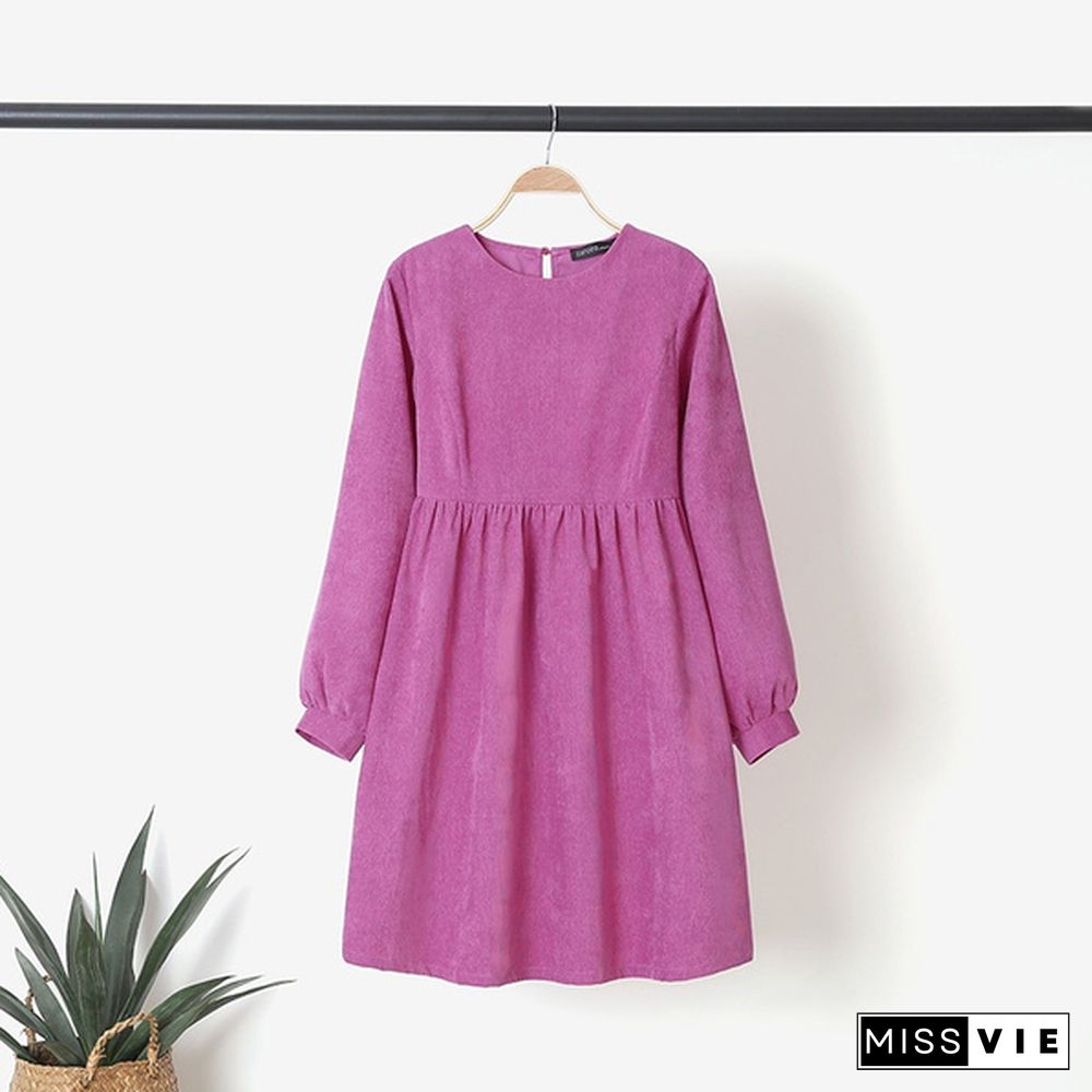 Women Corduroy Long Sleeve A Line Dress Plus Size Mini Tunic Dress