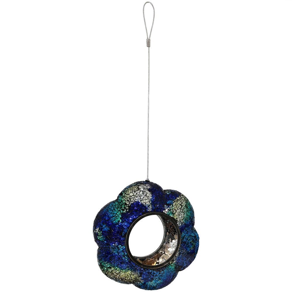 Outdoor Hanging Bird Feeder Indigo Glass Flower Fly Through   9\