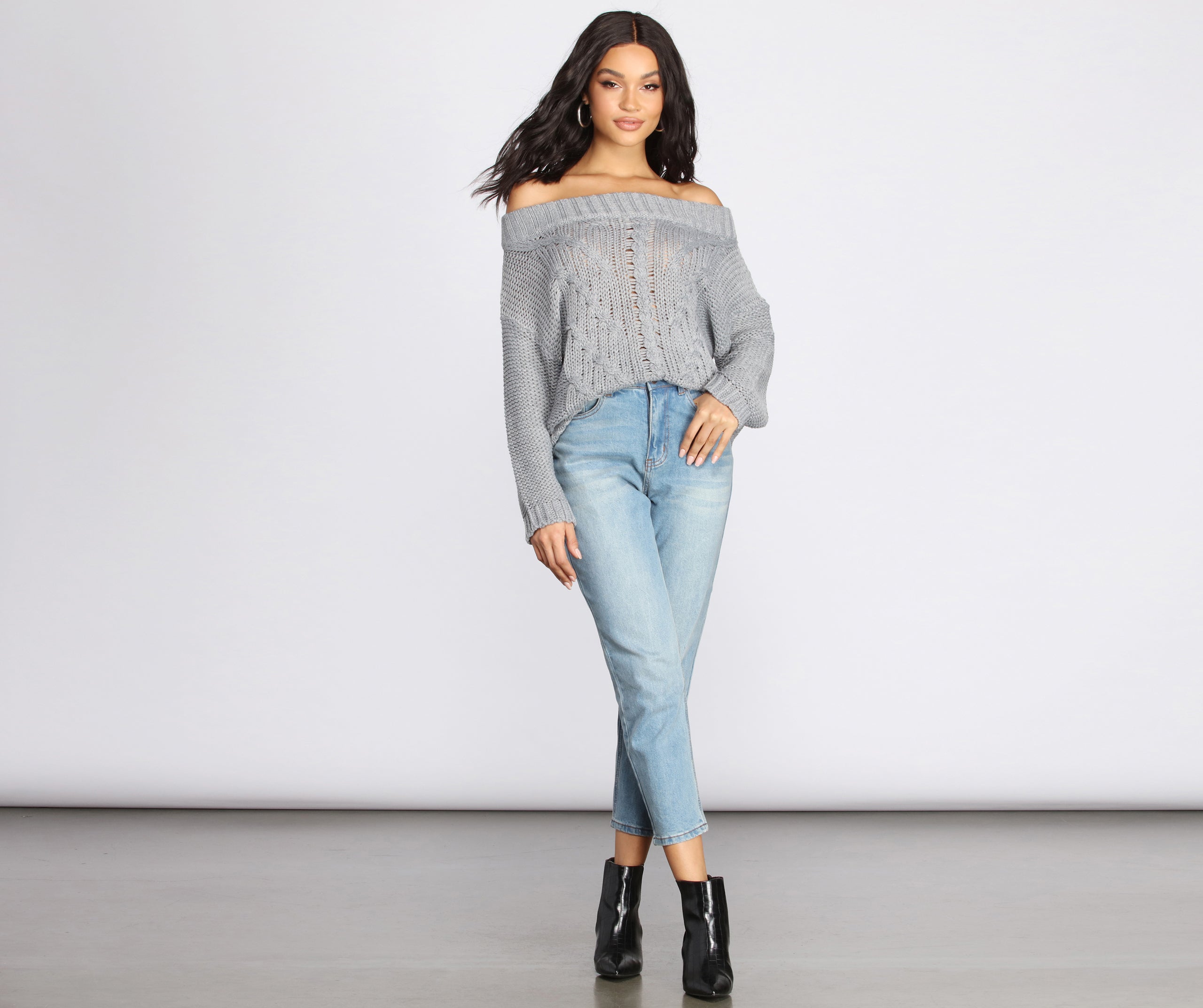 Off The Shoulder Cable Knit Sweater