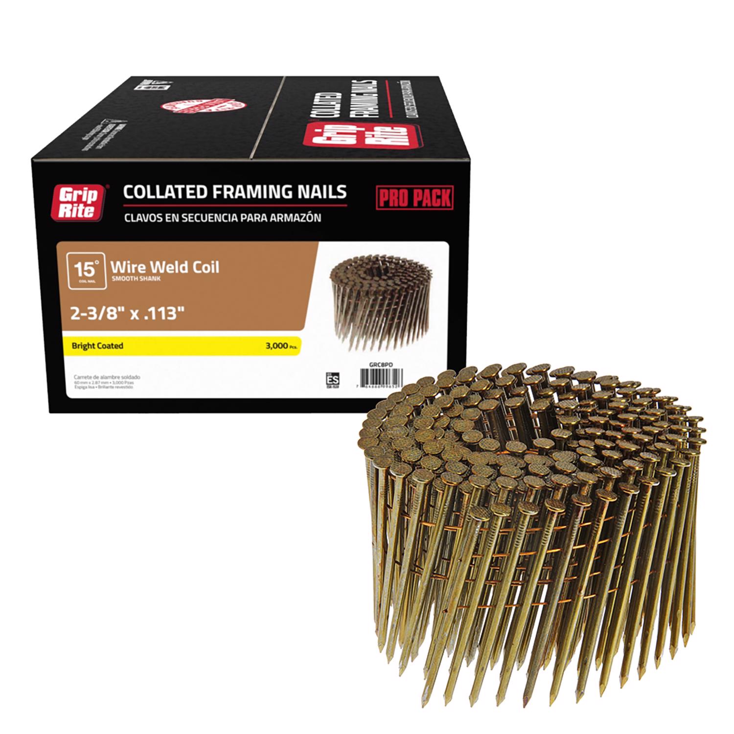 Grip-Rite 2-3/8 in. Wire Coil Bright Framing Nails 15 deg 3000 pk