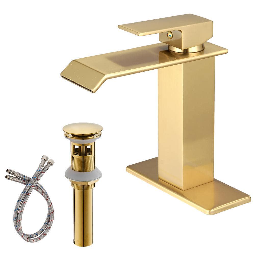 BWE Waterfall Single Hole SingleHandle LowArc Bathroom Faucet With Popup Drain Assembly in Brushed Gold