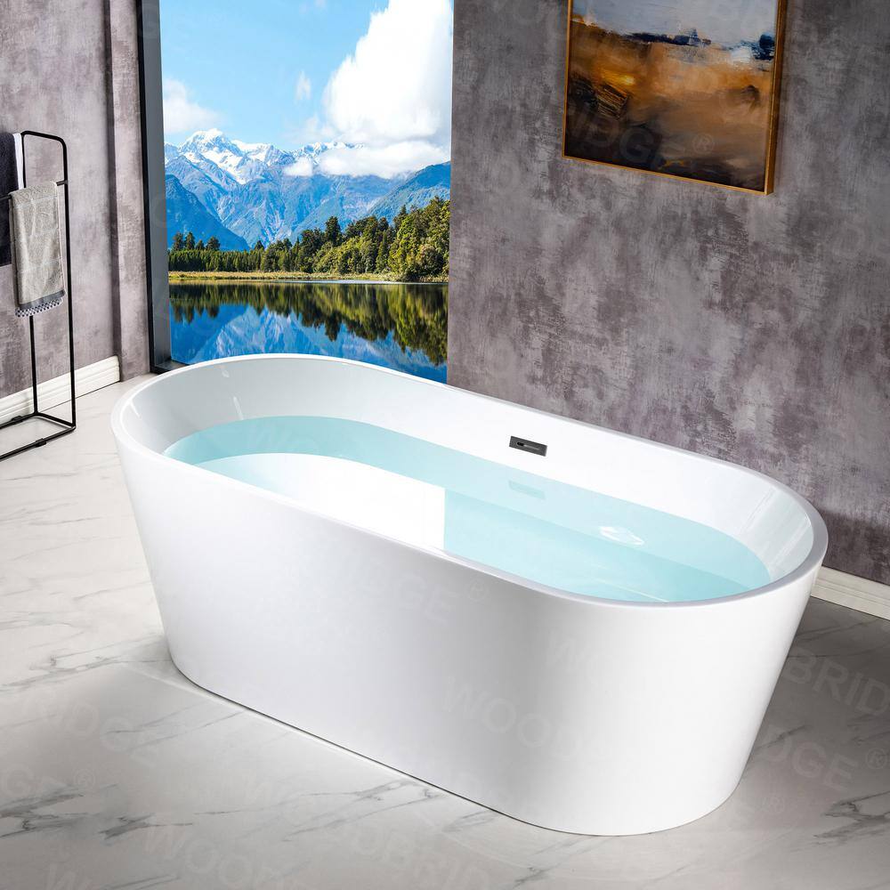 WOODBRIDGE Kearny 71 in. Acrylic FlatBottom Double Ended Bathtub with Matte Black Overflow and Drain Included in White HBT5828