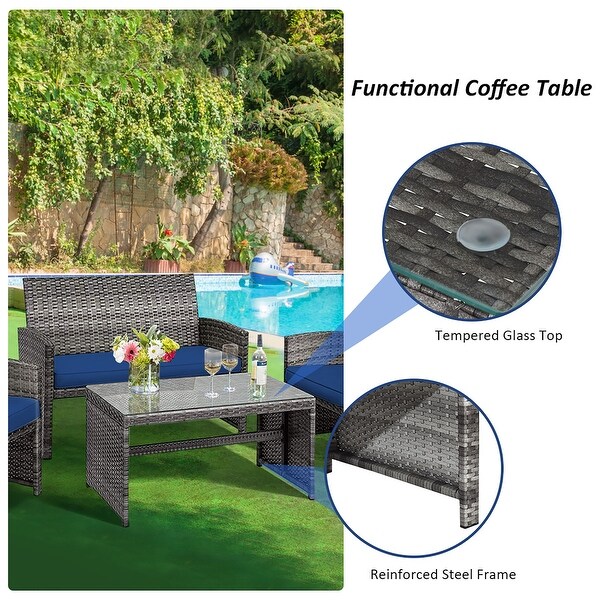 Costway 4PCS Patio Rattan Furniture Set Conversation Glass Table Top