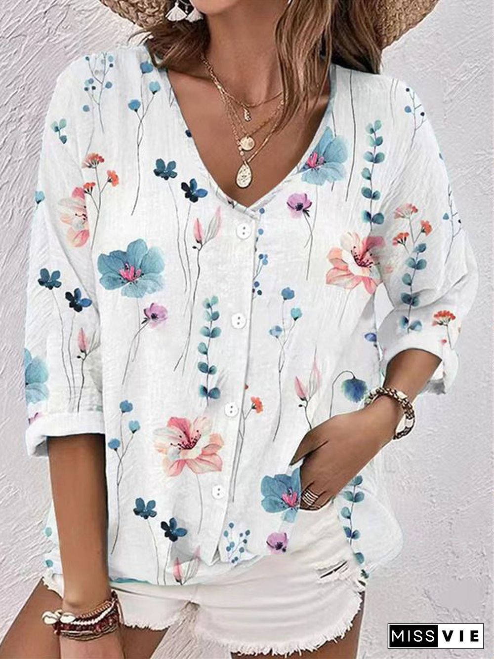 Long Sleeves Loose Buttoned Flower Print V-Neck Blouses&Shirts Tops