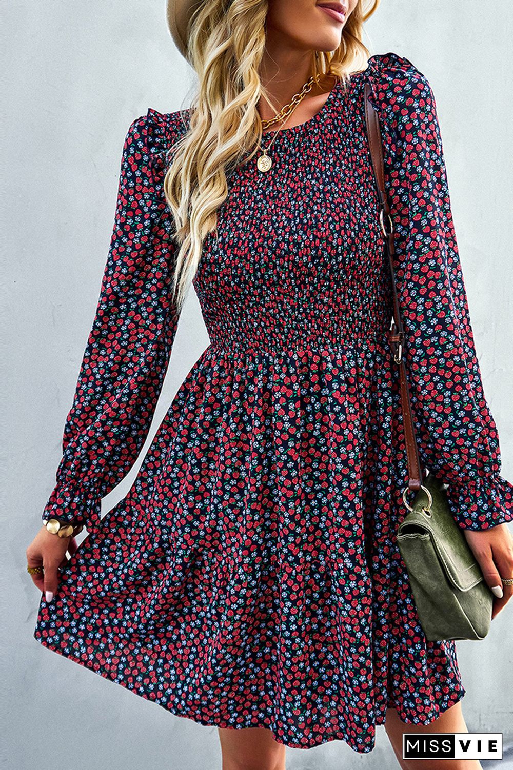 Smocked Puffy Long Sleeves Floral Dress