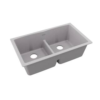 Elkay Quartz Classic Greystone Quartz 33 in. Equal Double Bowl Undermount Kitchen Sink with Aqua Divide ELGDULB3322GS0