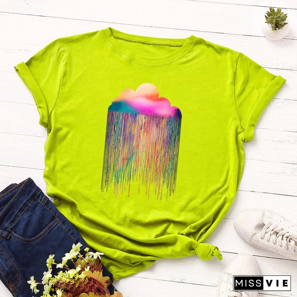 JCGO Summer Cotton Women T Shirt S-5XL Versatile Colorful Cloud Print Short Sleeve Tees Tops Casual Simple O-Neck Female TShirts