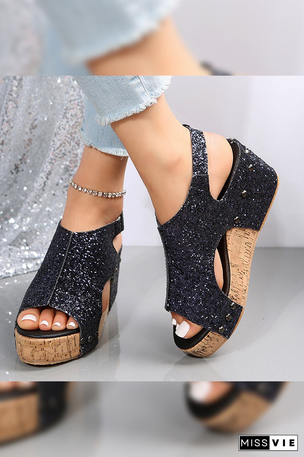 Bling Glitter Rivet Wedge Sandals