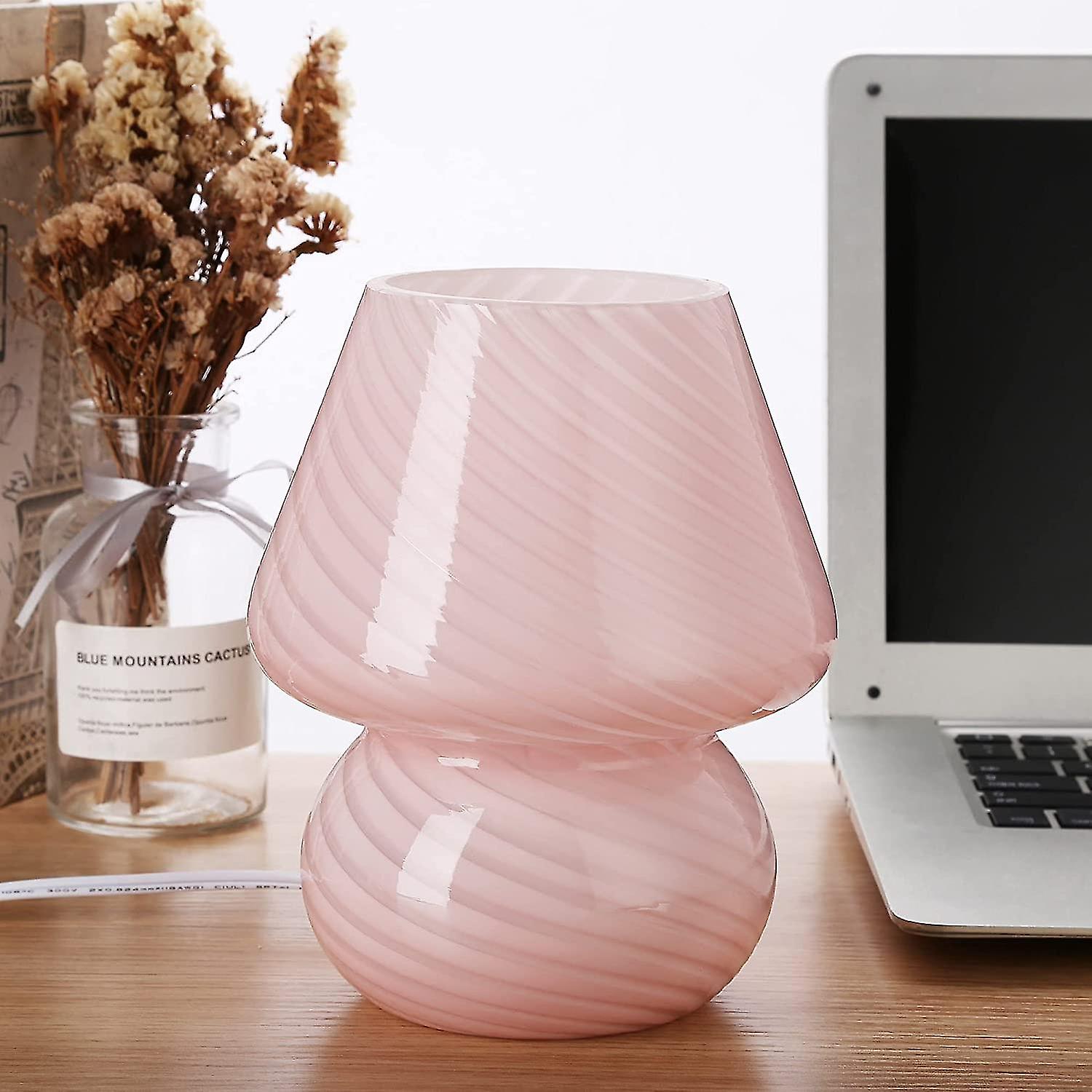 Tricolor Dimming Led Mushroom Lamp， Glass Mushroom Nightstand Lamp Retro Translucent Murano Style Table Lamp Swirl Lamp (pink)