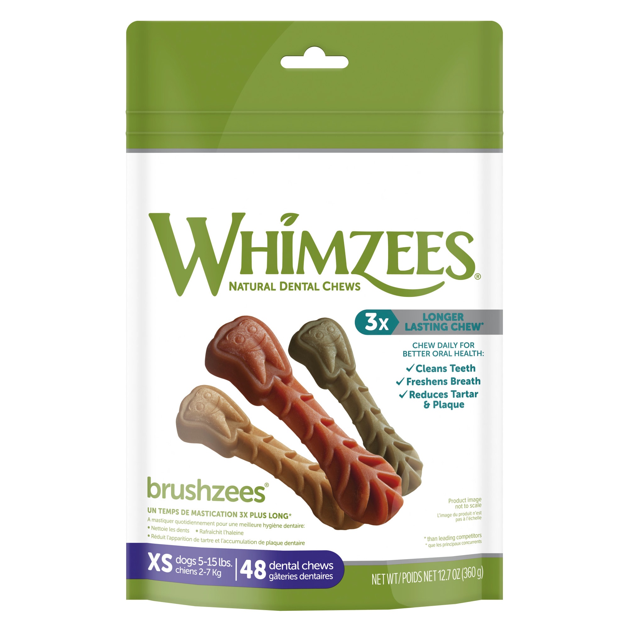 WHIMZEES Natural Grain Free Daily Dental Long Lasting Brushzees X-Small Dog Treats， 12.7 oz.， Pack of 48