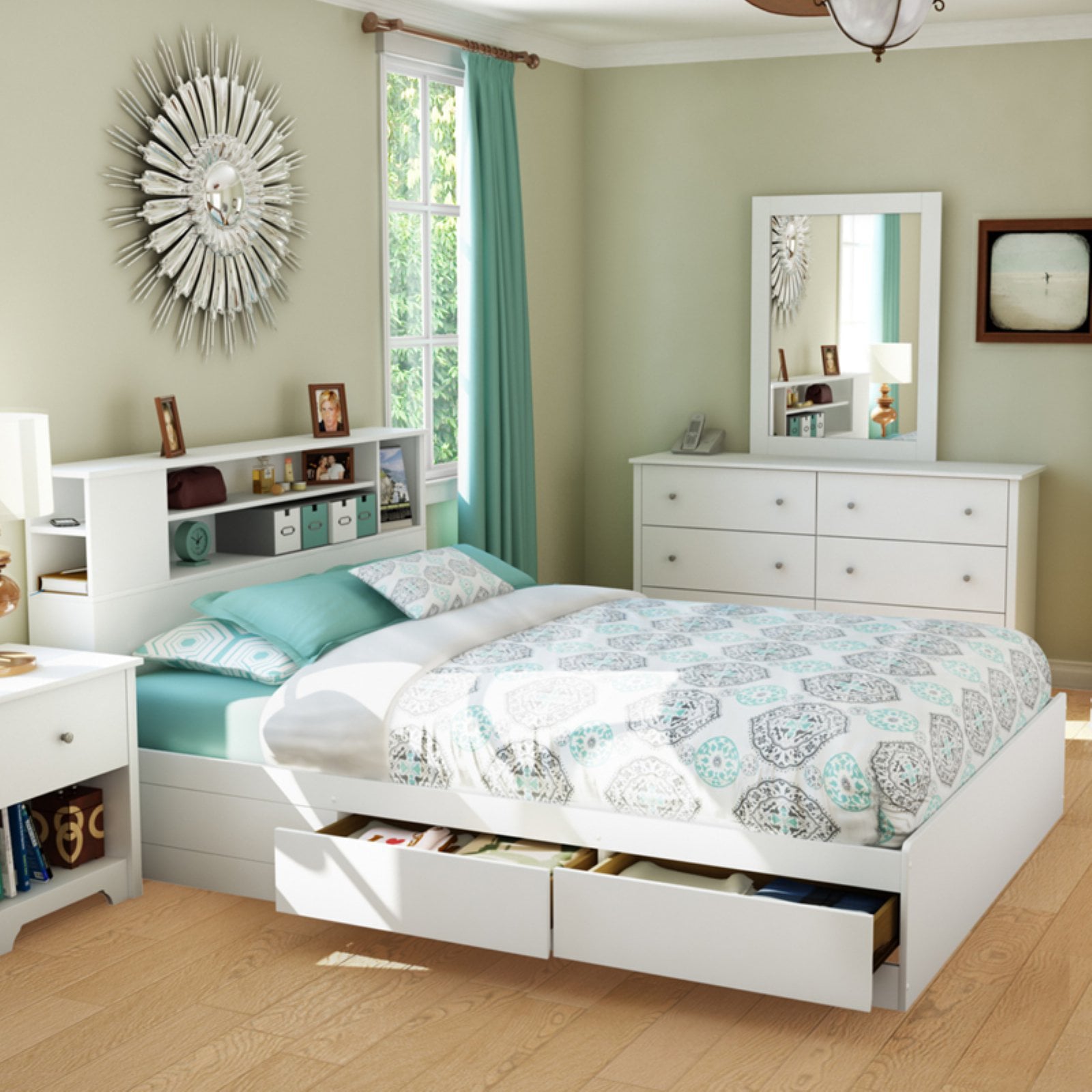 South Shore Vito Queen Mates Bed with Drawers and Bookcase Headboard Set