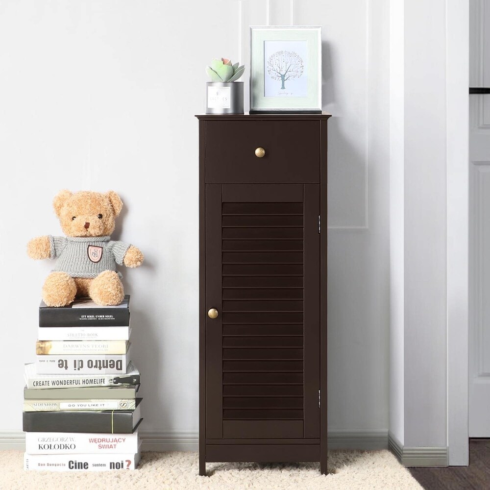 Bathroom Floor Storage Cabinet  Wooden Free Standing Storage Organizer Unit with Drawer and Door Cabinet  Tall Side Table