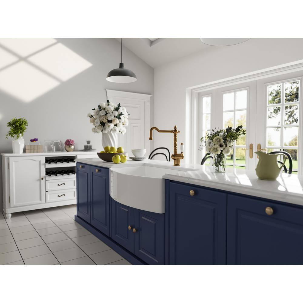 DEERVALLEY Grove Fireclay 33 in. L x 21 in. W Single Bowl Farmhouse Curved Kitchen Sink with Sink Grid and Basket Strainer DV-1K516